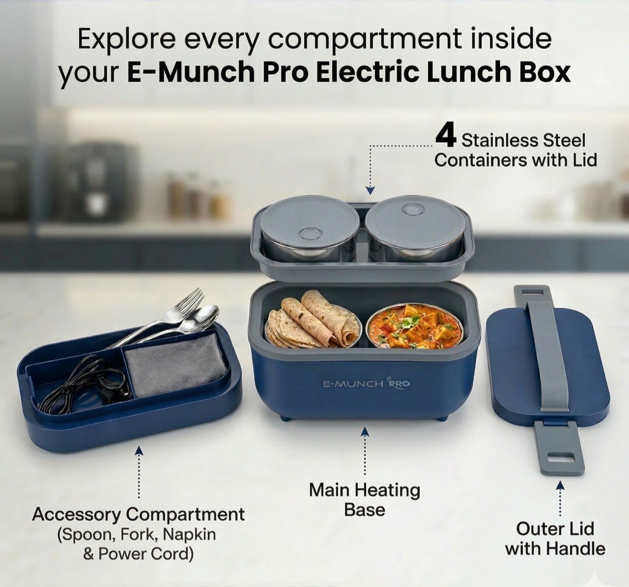 Emunch PRO electric lunch box complete kit with stainless steel spoon fork napkin India